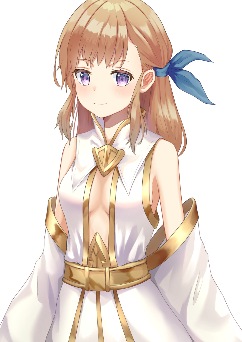 absurdres bad_id bad_pixiv_id blush bow breasts brown_hair detached_sleeves female gold_trim hairbow highres light_smile long_hair looking_at_viewer mistover purple_eyes ribbon shands sidelocks simple_background small_breasts smile solo standing stella_(mistover) white_background