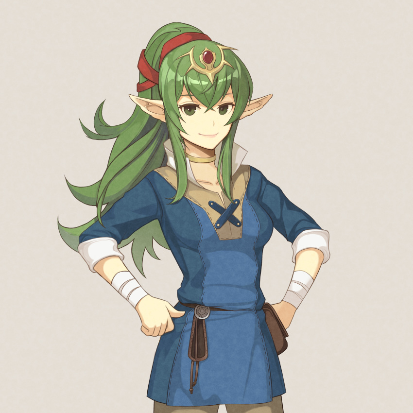 absurdres bandaged_arm bandages belt belt_pouch breasts closed_mouth commentary cosplay cowboy_shot dakkalot donnel_(fire_emblem) donnel_(fire_emblem)_(cosplay) female fire_emblem fire_emblem_awakening green_eyes green_hair grey_background headpiece high_ponytail highres long_hair looking_at_viewer medium_breasts pants pink_lips pointy_ears pouch short_sleeves sidelocks simple_background smile solo tiki_(adult)_(fire_emblem) tiki_(fire_emblem) tunic