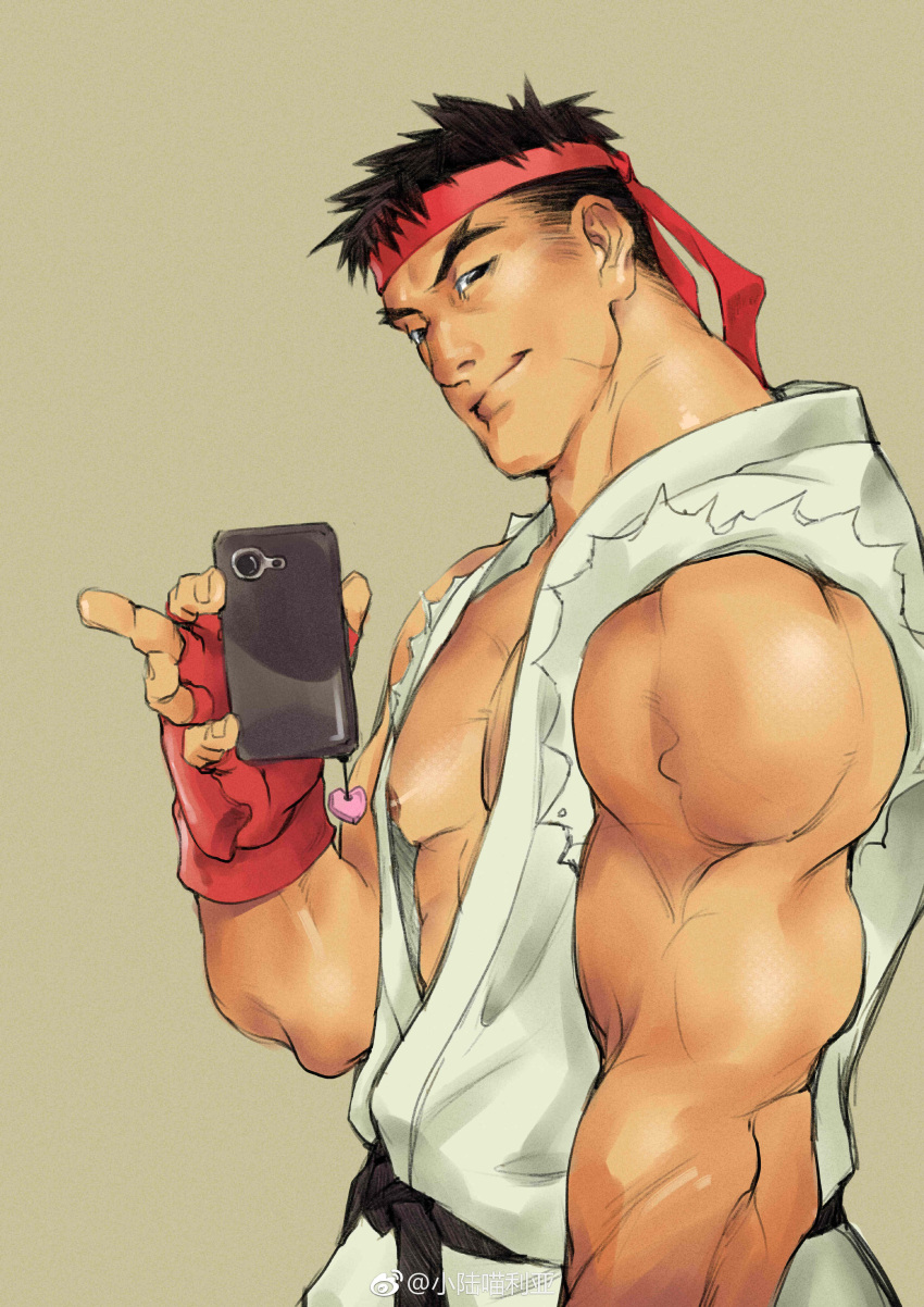 1boy absurdres bara bare_shoulders cowboy_shot dougi forked_eyebrows headband highres holding holding_phone looking_at_viewer male_focus muscular muscular_male nipple_slip nipples open_clothes open_shirt pectoral_cleavage pectorals phone ryu_(street_fighter) selfie short_hair sideburns smile solo street_fighter xiaolumiaoliya