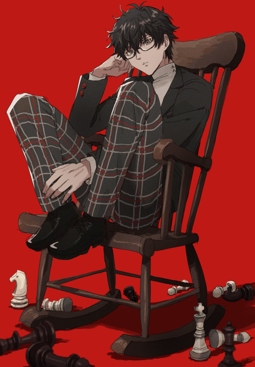 1boy amamiya_ren black_eyes black_footwear black_hair black_jacket blazer chair chess_piece feet_on_chair glasses highres jacket kometubu0712 looking_at_viewer male_focus pants parted_lips persona persona_5 plaid plaid_pants red_background rocking_chair school_uniform shadow shoes shuujin_academy_school_uniform simple_background solo sweater turtleneck turtleneck_sweater wavy_hair white_sweater