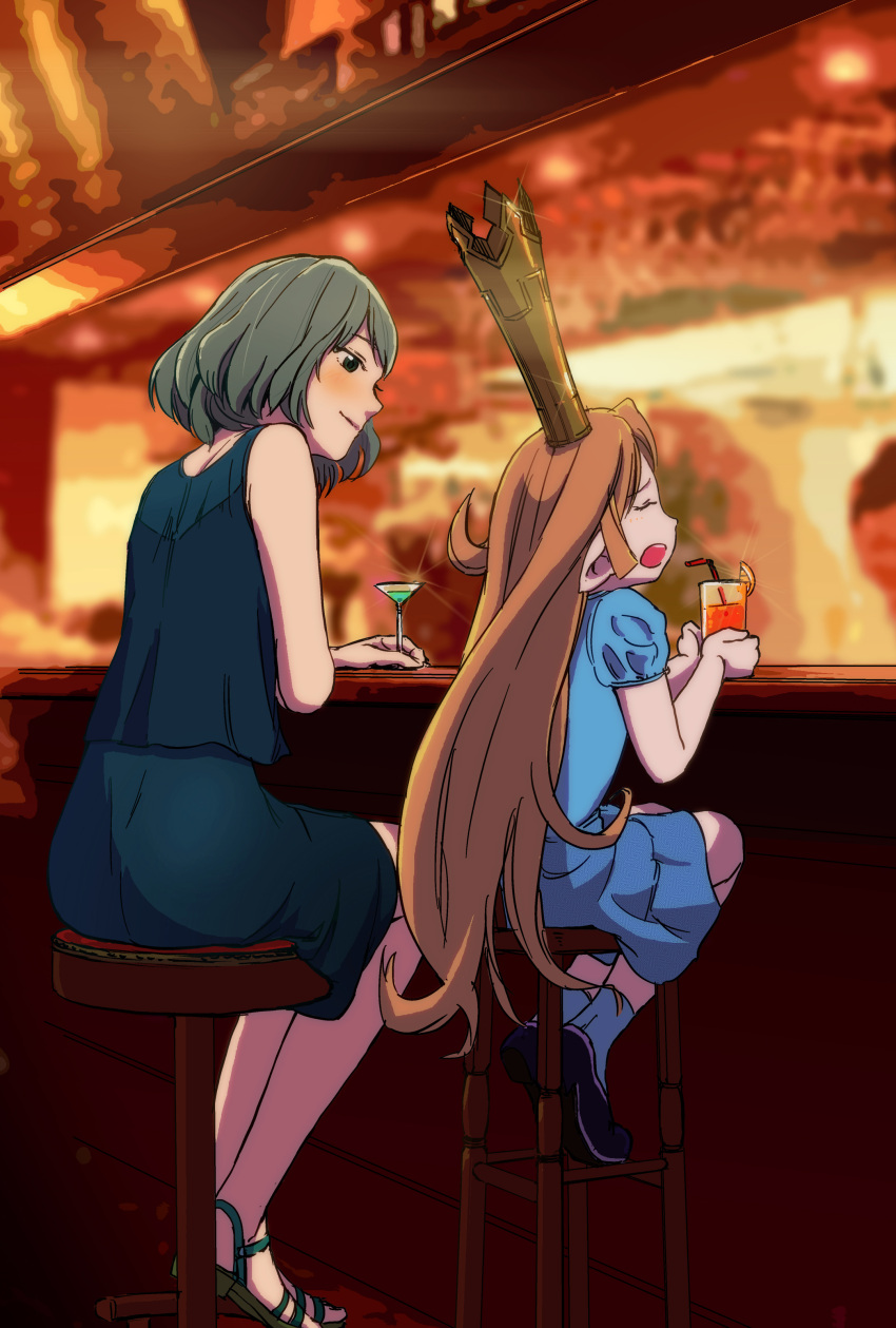 2girls absurdres bar_(place) black_eyes black_skirt blue_dress brown_hair charlotta_(granblue_fantasy) closed_eyes cocktail_glass commentary_request crossover crown cup dress drinking_glass drinking_straw granblue_fantasy highres idolmaster idolmaster_cinderella_girls long_hair multiple_girls open_mouth orange_hair photoshop_(medium) pointy_ears puffy_short_sleeves puffy_sleeves short_sleeves skirt sparkle stool takagaki_kaede tall_crown uzuki_noboru_(denchuu_shoujo)