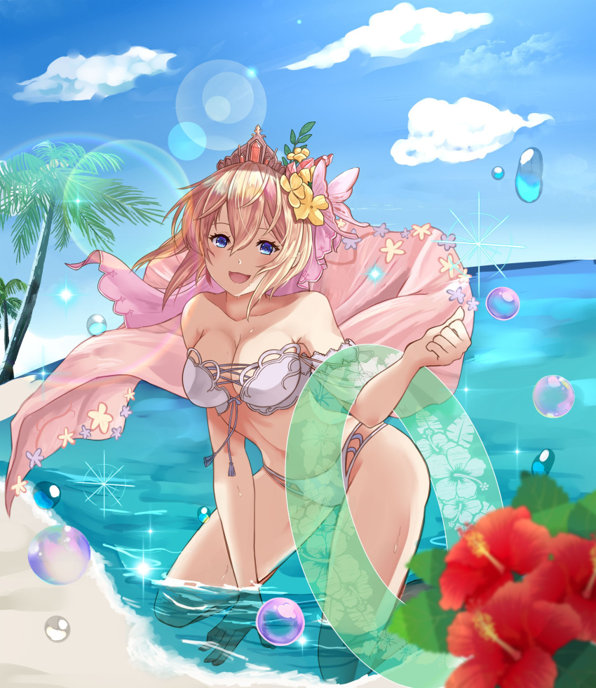 absurdres bad_id bad_twitter_id bare_shoulders beach bikini blonde_hair blue_eyes blue_sky breasts cloud collarbone day europa_(granblue_fantasy) europa_(summer)_(granblue_fantasy) feb_itk female floral_print flower granblue_fantasy hair_between_eyes hair_flower hair_ornament hibiscus hibiscus_print highres holding holding_swim_ring innertube large_breasts lens_flare lifebuoy looking_at_viewer ocean official_alternate_costume outdoors palm_tree plant_on_head red_flower sand short_hair sky smile solo swim_ring swimsuit tiara tree water white_bikini yellow_flower