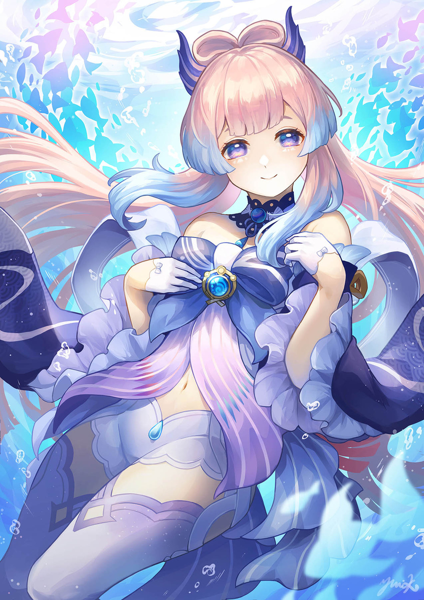 babydoll bare_shoulders bloomers blue_choker blue_gemstone blue_hair bow-shaped_hair choker closed_mouth colored_tips detached_sleeves female floating_hair frilled_babydoll frilled_sleeves frills gem genshin_impact gloves half_gloves head_wings highres lace-trimmed_choker lace_trim long_hair looking_at_viewer multicolored_hair navel ocean pink_hair purple_eyes sangonomiya_kokomi sidelocks smile solo thighhighs twintails two-tone_hair underwater underwear water white_bloomers white_gloves white_thighhighs wide_sleeves wings yuiko_(yuiyuiko_108)