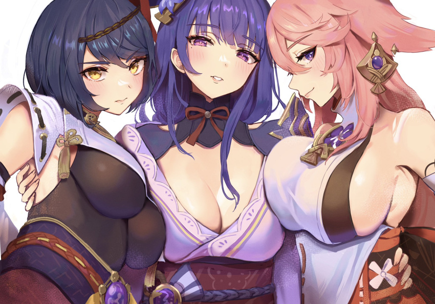 3girls asymmetrical_docking bare_shoulders black_hair breast_press breasts cleavage dress genshin_impact hair_ornament highres japanese_clothes kujou_sara large_breasts looking_at_viewer multiple_girls pink_hair purple_eyes purple_hair raiden_shogun seductive_smile sideboob smile sukoyaka93 underboob yae_miko yellow_eyes