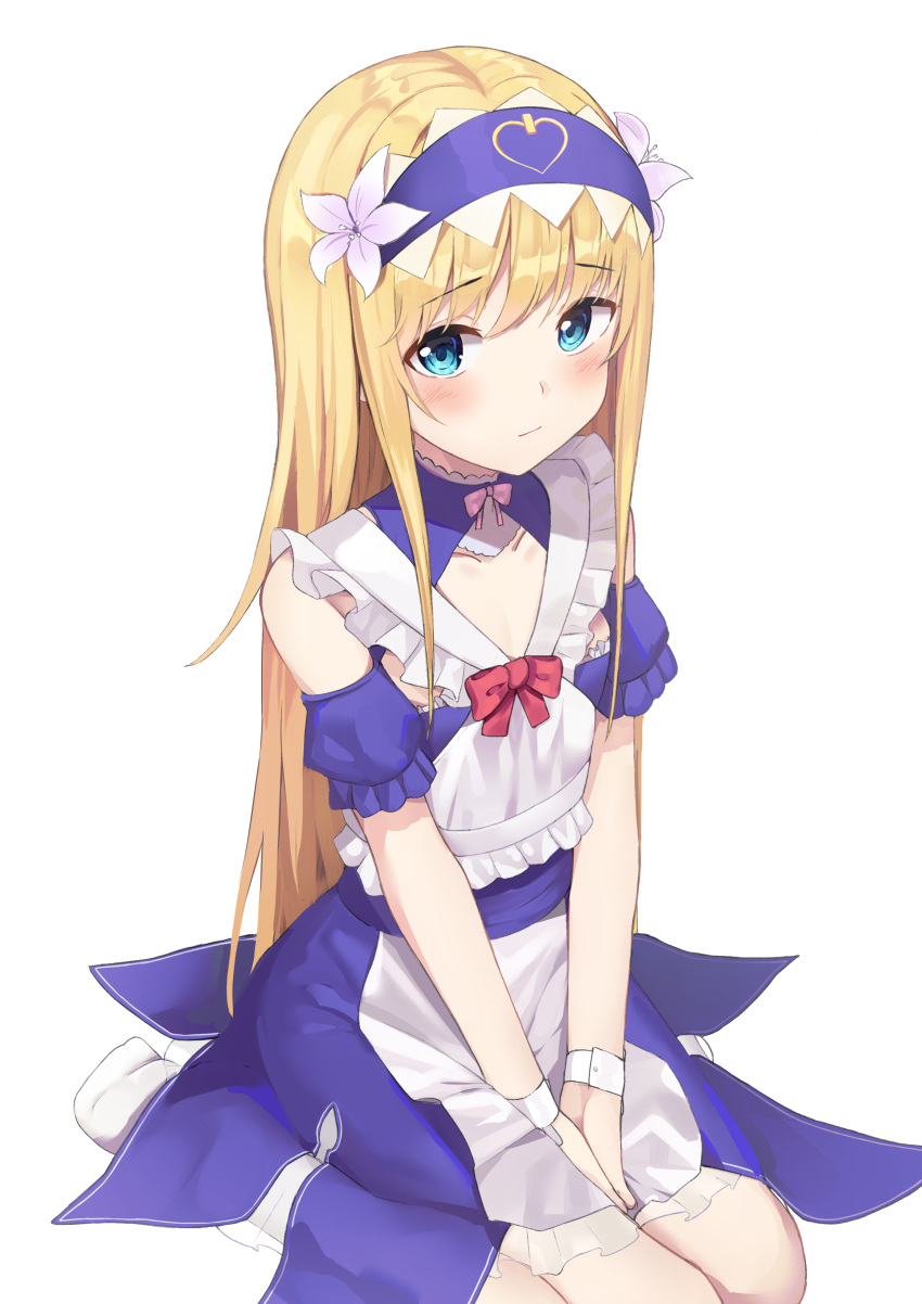 1other absurdres apron between_legs blonde_hair blue_eyes blush bow chevalier_d'eon_(fate) chevalier_d'eon_(maid_knight)_(fate) closed_mouth commentary detached_sleeves dress fate/grand_order fate_(series) flower hair_between_eyes hair_flower hair_ornament hairband hand_between_legs highres hwanhee long_hair looking_at_viewer no_shoes official_alternate_costume puffy_short_sleeves puffy_sleeves purple_dress purple_hairband purple_sleeves red_bow short_sleeves simple_background sitting sleeveless sleeveless_dress socks solo very_long_hair waist_apron wariza white_apron white_background white_flower white_socks