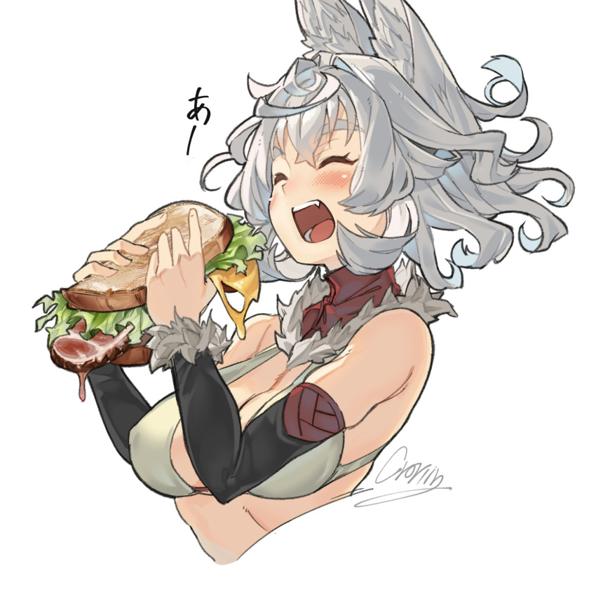 animal_ears blush bread breasts cleavage closed_eyes commentary_request cropped_torso croriin eating female food grey_hair highres lettuce mashiro_(croriin) meat open_mouth original sandwich short_hair signature simple_background solo upper_body white_background