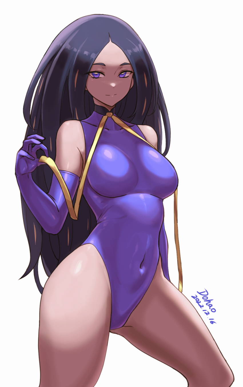 alternate_costume black_hair breasts chinese_commentary closed_mouth commentary_request covered_collarbone covered_navel dated douhao_(cmza8875) elbow_gloves eyelashes female geeta_(pokemon) gloves hand_up highleg highleg_leotard highres large_breasts leotard long_hair neck_ribbon parted_bangs pokemon pokemon_sv purple_eyes purple_gloves purple_leotard ribbon signature solo split_mouth thighs yellow_ribbon