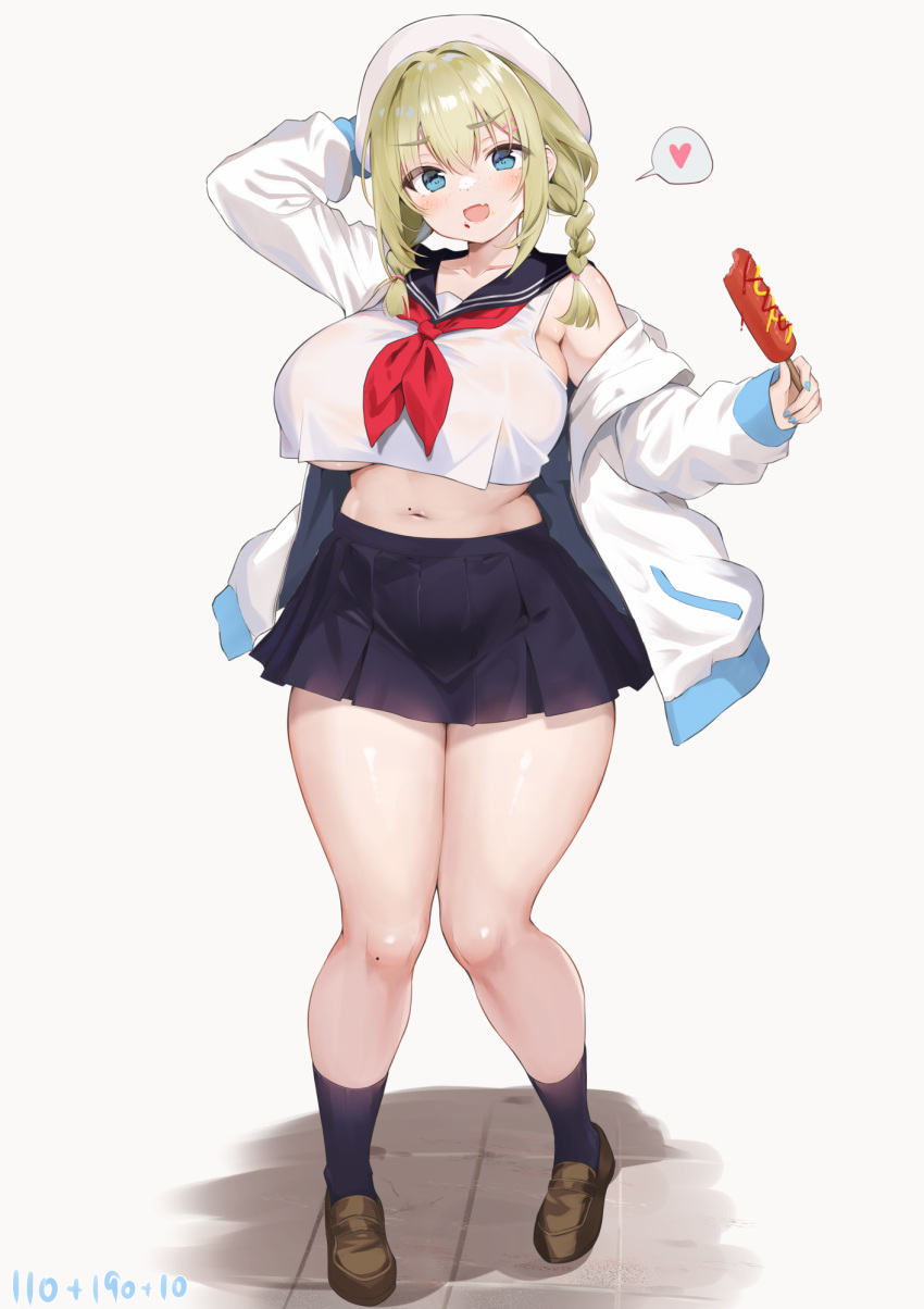 :d arm_up aymusk black_sailor_collar black_skirt black_socks blonde_hair blue_eyes blush breasts brown_footwear coat collarbone corn_dog crop_top crop_top_overhang curvy female food freckles freckles-chan_(aymusk) full_body heart highres holding holding_food large_breasts loafers looking_at_viewer miniskirt nail_polish navel oerba_yun_fang off_shoulder open_mouth original pleated_skirt sailor_collar school_uniform serafuku shirt shoes simple_background skirt smile socks solo spoken_heart standing underboob white_background white_coat white_shirt