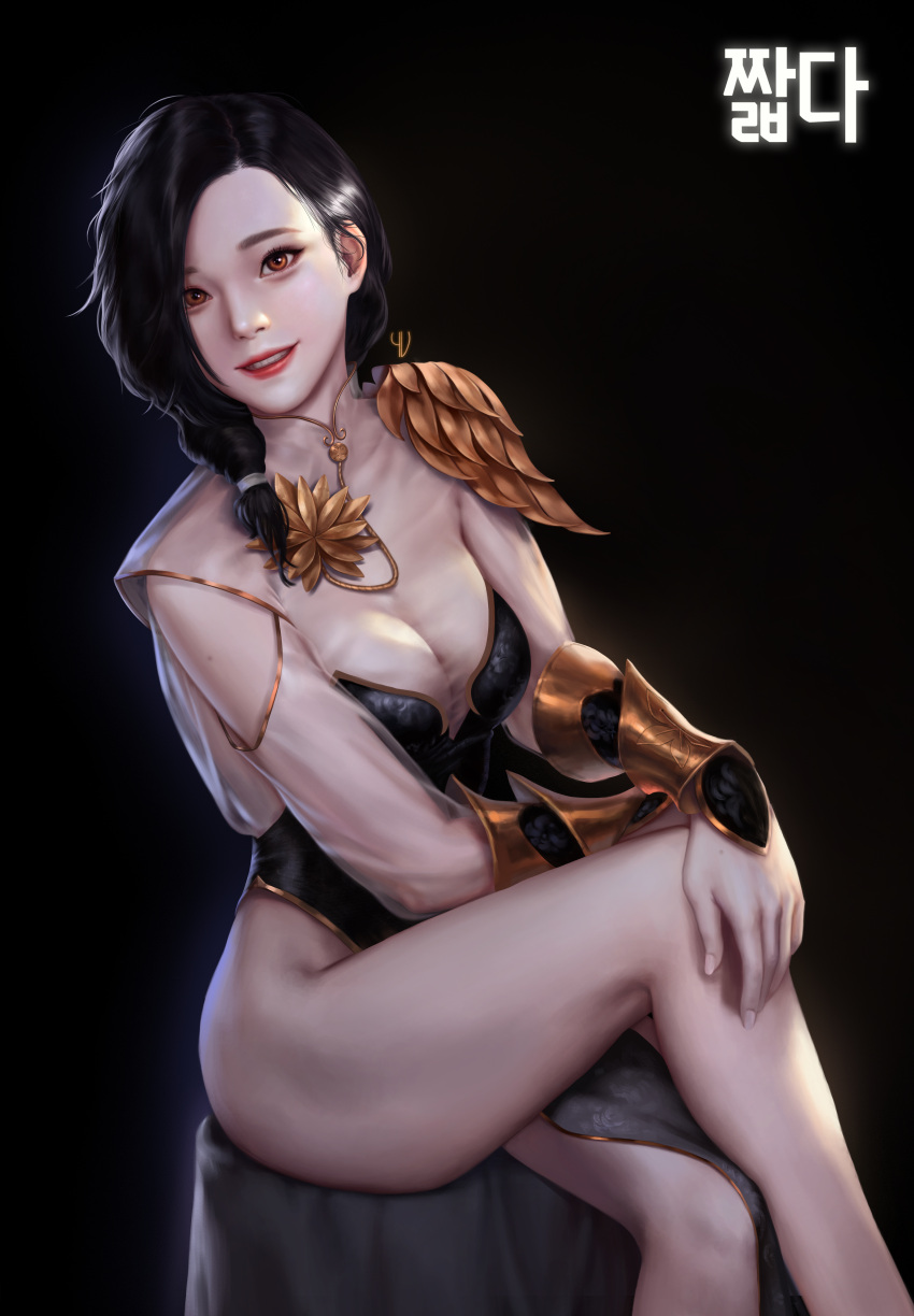 absurdres artist_name bare_legs black_background black_hair black_leotard breasts cleavage crossed_legs female highres jagercoke legs leotard long_hair looking_at_viewer mabinogi mabinogi_heroes medium_breasts realistic simple_background sitting smile solo yellow_eyes