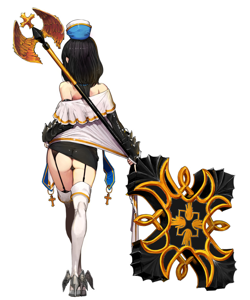 absurdres armor ass back bad_id bad_pixiv_id black_dress black_hair black_panties boots cameltoe cross detached_sleeves dress dress_shirt dungeon_and_fighter female female_crusader_(dungeon_and_fighter) female_priest_(dungeon_and_fighter) from_behind full_body garter_belt happening18 hat high_heel_boots high_heels highres holding holding_weapon korean_commentary medium_hair panties priest shirt short_dress sidelocks simple_background sleeveless sleeveless_dress sleeves_past_wrists solo standing taut_clothes taut_dress thigh_boots thighhighs underwear vambraces weapon white_background wings