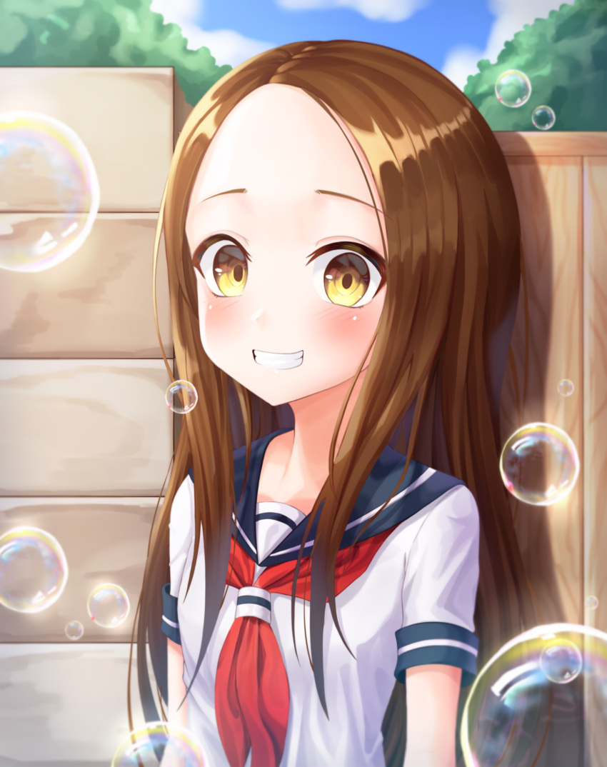 absurdres blue_sailor_collar blush brown_hair bubble commentary_request day female forehead grin highres karakai_jouzu_no_takagi-san long_hair looking_at_viewer neckerchief open_mouth outdoors parted_hair partial_commentary red_neckerchief ryon_y0421 sailor_collar school_uniform serafuku shirt short_sleeves smile solo straight_hair takagi-san upper_body very_long_hair white_shirt yellow_eyes