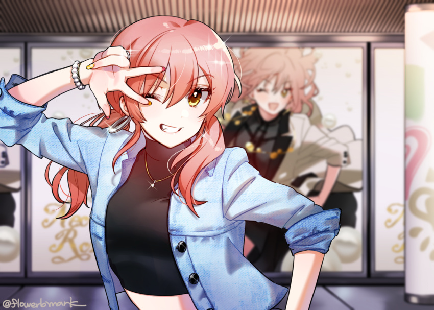 2girls ;d ad alternate_costume bad_id bad_pixiv_id black_shirt blurry bracelet commentary crop_top denim denim_jacket depth_of_field display_board earrings glint grin hana_shiori hoop_earrings idolmaster idolmaster_cinderella_girls jacket jewelry jougasaki_mika midriff multiple_girls nail_polish necklace oerba_yun_fang one_eye_closed open_clothes open_jacket open_mouth outdoors pearl_bracelet pillar pink_hair pose_imitation ring shirt sleeves_rolled_up smile solo_focus sparkle symbol-only_commentary twintails twitter_username upper_body v-shaped_eyebrows w w_over_eye yellow_eyes