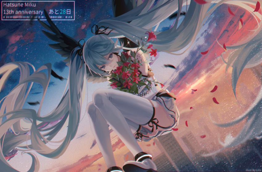 aile_d'ange_(module) aqua_eyes aqua_hair black_ribbon black_wings bouquet building character_name cityscape commentary dutch_angle falling_petals feathered_wings female floating flower hair_ribbon hatsune_miku holding holding_bouquet knees_up long_hair miniskirt parted_lips petals pleated_skirt project_diva_(series) red_flower ribbon shirt skirt skyscraper solo tears twilight twintails very_long_hair vocaloid voice_(vocaloid) white_legwear white_shirt white_skirt wings yamiluna39