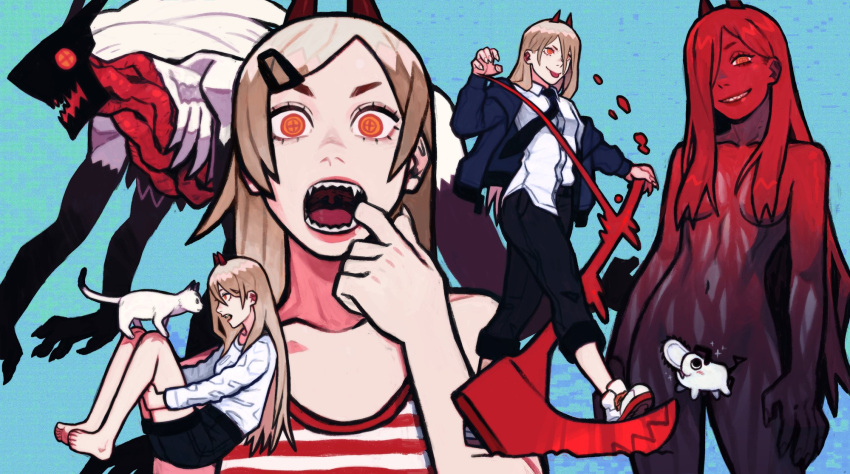 black_necktie black_pants blonde_hair blood blood_devil_(chainsaw_man) blood_in_hair blood_on_face blue_background blue_jacket censored chainsaw_man character_censor collared_shirt cross-shaped_pupils extra_arms feline female finger_in_own_mouth hair_over_breasts hair_over_one_eye hemokinesis highres horns intestines jacket jbbetz looking_at_another looking_at_viewer meowy_(chainsaw_man) necktie novelty_censor open_mouth orange_eyes pants pants_rolled_up pochita_(chainsaw_man) power_(chainsaw_man) red_horns scythe sharp_teeth shirt shirt_partially_tucked_in shorts simple_background smile striped_clothes striped_shirt sweater symbol-shaped_pupils teeth white_cat white_shirt white_sweater