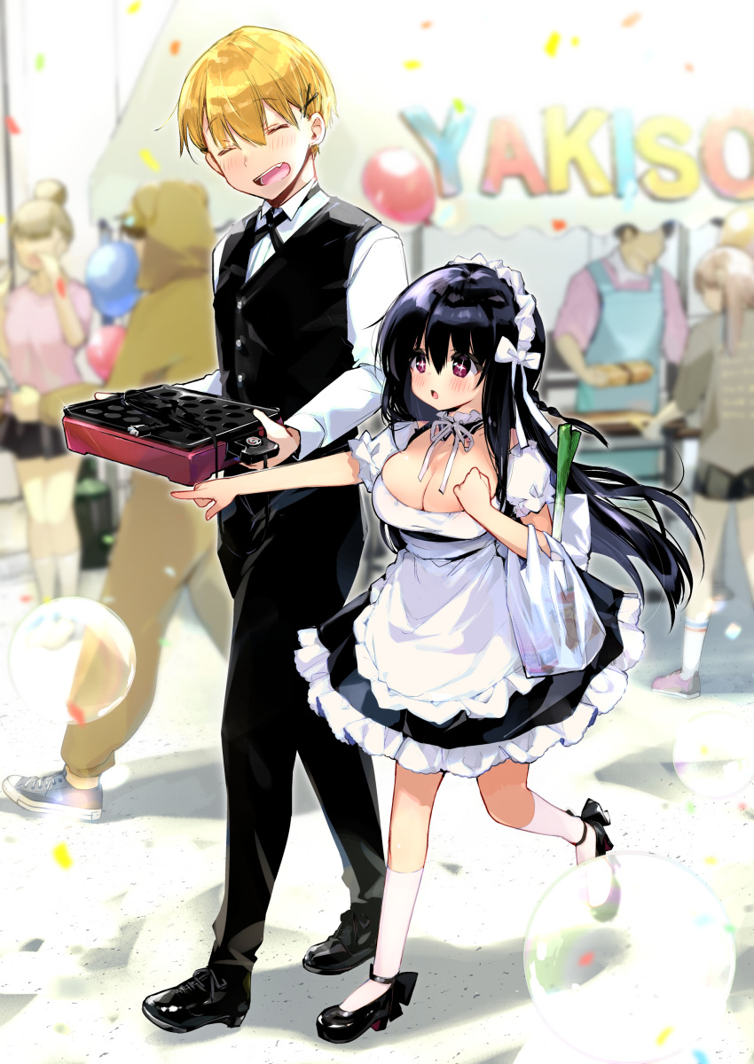 +_+ 2boys 3girls absurdres bag balloon bear black_footwear black_hair black_pants blonde_hair breasts bubble butler confetti festival height_difference highres kurimochi_chizuru large_breasts maid maid_headdress multiple_boys multiple_girls original pants plastic_bag pointing purple_eyes socks spring_onion takoyaki_pan white_legwear