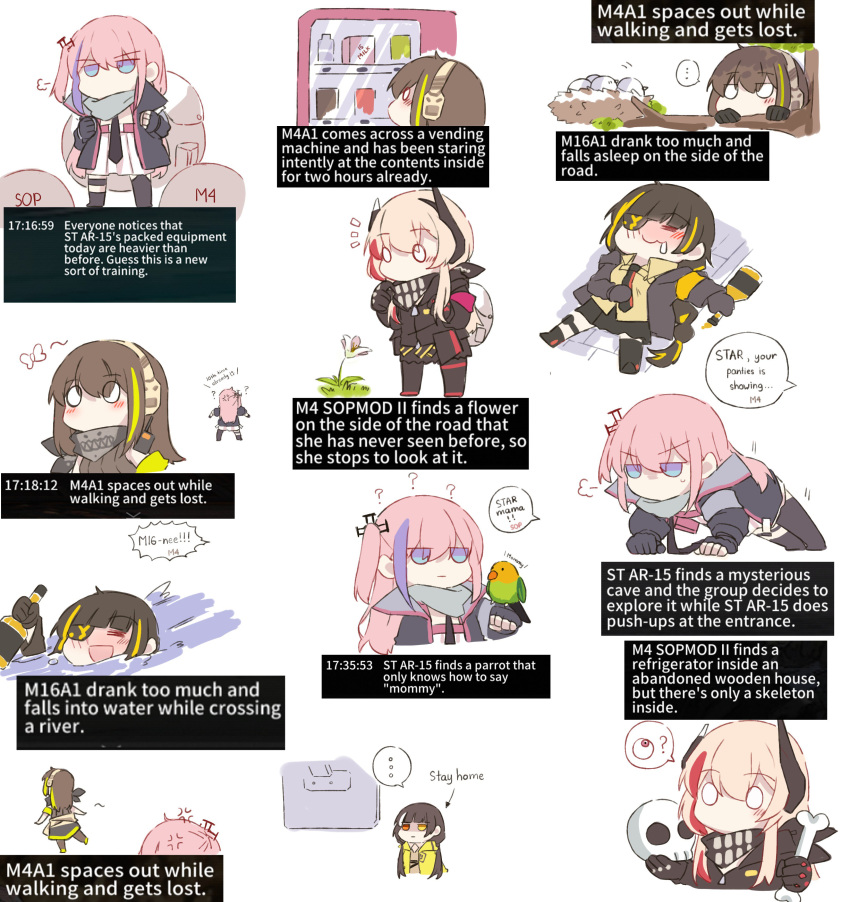 ... 5girls ? absurdres alcohol anger_vein anti-rain_(girls'_frontline) armband backpack bag bird black_gloves black_jacket blonde_hair blue_eyes blush bone bottle brown_hair chibi commentary english_commentary english_text engrish_text eyepatch fingerless_gloves flower gameplay_mechanics girls'_frontline gloves green_hair headgear headphones heterochromia highres holding holding_bottle jacket long_hair long_sleeves lying m16a1_(girls'_frontline) m4_sopmod_ii_(girls'_frontline) m4a1_(girls'_frontline) mask multicolored_hair multiple_girls necktie o_o on_back open_mouth pantyhose parrot pink_hair purple_hair ranguage red_eyes ro635_(girls'_frontline) skull skull_mask speech_bubble spoken_ellipsis st_ar-15_(girls'_frontline) streaked_hair thighhighs white_background white_hair yellow_eyes yuutama2804