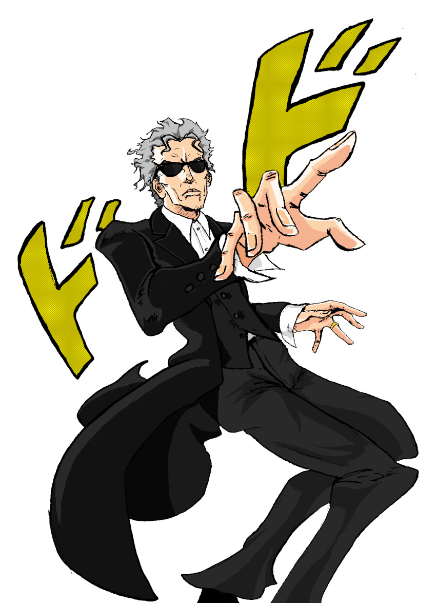 1boy araki_hirohiko_(style) black_coat coat commentary_request crossover deicide320 doctor_who dodododo highres jojo_no_kimyou_na_bouken jojo_pose male_focus meme pose shirt sunglasses the_doctor twelfth_doctor_(doctor_who) white_hair