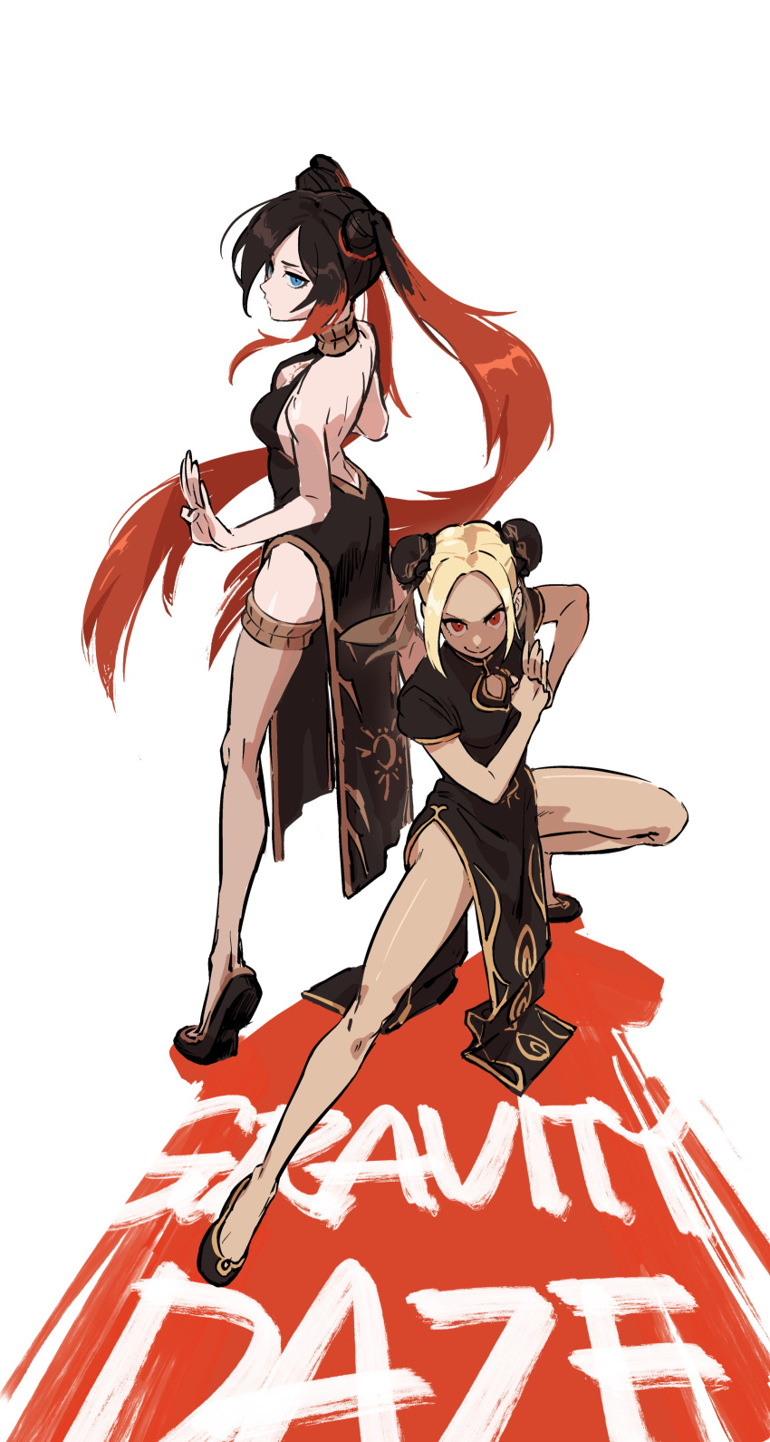 2girls absurdres bare_legs bare_shoulders black_hair blonde_hair blush breasts changpao china_dress chinese_clothes cleavage crow_(gravity_daze) dark-skinned_female dark_skin dress gravity_daze hair_over_one_eye hairband highres kitten_(gravity_daze) long_hair looking_at_viewer medium_breasts mossan351 multicolored_hair multiple_girls ponytail red_eyes red_hair simple_background smile twintails two-tone_hair