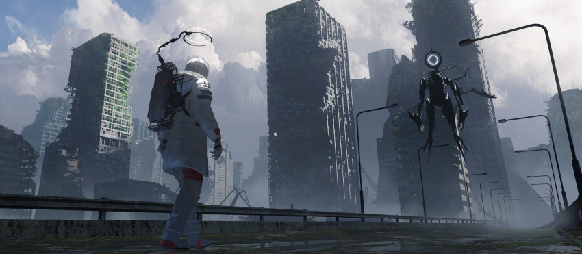 1other absurdres asteroid_ill building cloud cloudy_sky coat female full_body gloves guard_rail halo highres lamppost long_sleeves mechanical_halo monster multiple_others observer_(asteroid_ill) original outdoors road sky standing street walking white_coat white_gloves white_hair