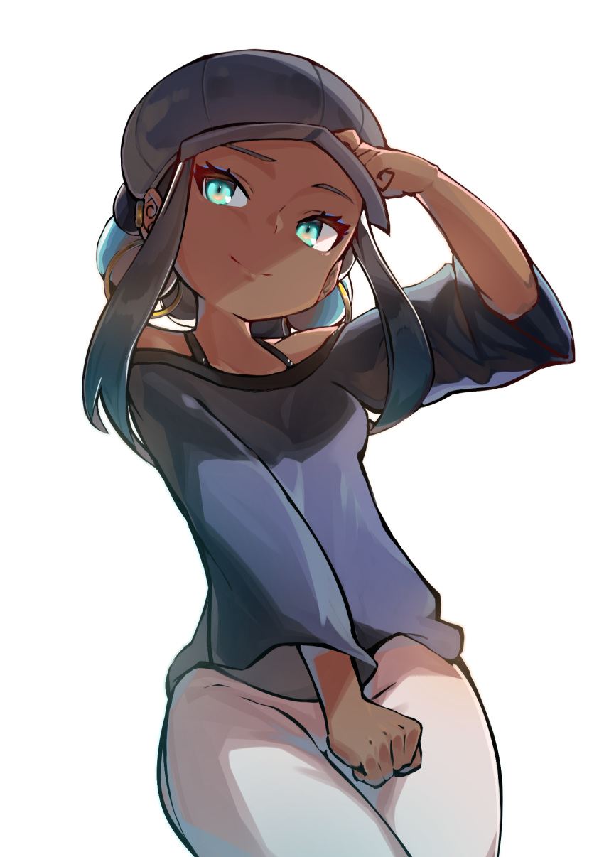 black_hair black_hat bongnom breasts clenched_hand closed_mouth commentary curtained_hair dark-skinned_female dark_skin earrings eyelashes eyeshadow female gold_earrings green_eyes hand_on_headwear hat highres jewelry looking_to_the_side makeup nessa_(pokemon) pants pokemon pokemon:_twilight_wings pokemon_(anime) shirt simple_background smile solo