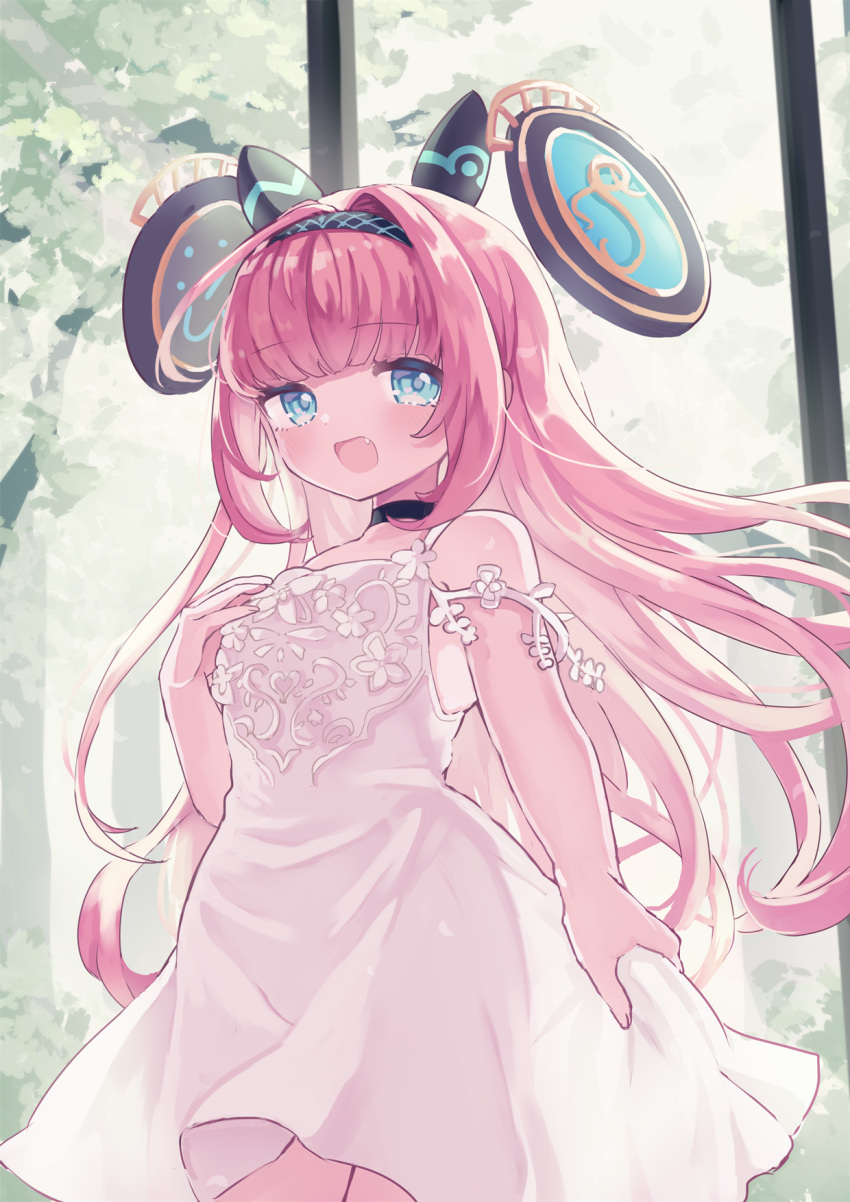 :d ahoge bare_arms bare_shoulders black_choker black_hairband blue_eyes blush choker commentary_request dress female hair_intakes hairband hand_up headgear highres karunabaru lishenna_omen_of_destruction long_hair looking_at_viewer oerba_yun_fang open_mouth pink_hair shadowverse sleeveless sleeveless_dress smile solo standing very_long_hair white_dress