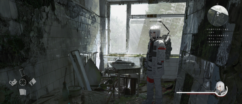 absurdres asteroid_ill coat english_text expressionless fake_screenshot feet_out_of_frame female gloves hair_between_eyes halo heads-up_display health_bar highres indoors long_sleeves mechanical_halo observer_(asteroid_ill) open_clothes open_coat original red_eyes ruins solo standing translated white_coat white_hair