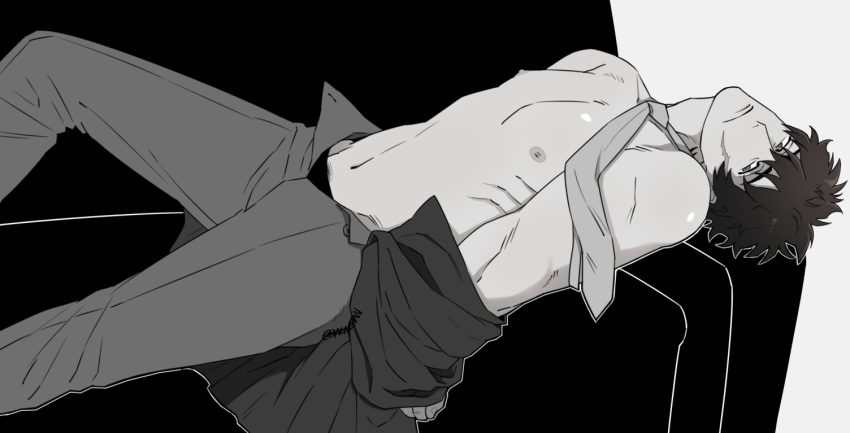 1boy bad_id balnom bara bare_pectorals couch feet_out_of_frame greyscale head_tilt kekkai_sensen large_pectorals looking_at_viewer lying male_focus male_underwear male_underwear_peek mature_male monochrome navel necktie nipples on_back on_couch open_clothes open_fly open_shirt pectorals scar scar_on_cheek scar_on_face short_hair sideburns solo steven_a._starphase stomach toned toned_male underwear w