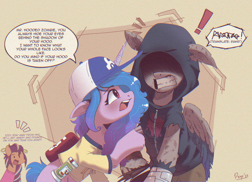 baseball_cap bottle clenched_teeth clothing command container crossover dialogue duo_focus ear_piercing earth_pony ellis_(left_4_dead) english_text equid equine exclamation_point female feral first_aid_kit group hasbro hat headgear headwear hi_res hoodie horn horse hunter_(left_4_dead) infected_(species) izzy_moonbow_(mlp) left_4_dead_(series) mammal medical_instrument mlp_g5 my_little_pony mythological_creature mythological_equine mythology name_drop name_in_dialogue piercing ponification pony puyohh rochelle_(left_4_dead) scientific_instrument sunny_starscout_(mlp) talking_to_another teeth text topwear torn_clothing trio unicorn valve