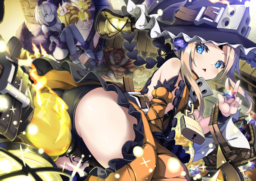 2boys 2girls :< abigail_williams_(fate) absurdres ass bare_shoulders basket black_headwear black_panties blonde_hair blue_eyes blush breasts commentary_request detached_sleeves fate/grand_order fate_(series) forehead frills gilgamesh_(fate) halloween halloween_costume hat highres iskandar_(fate) jack-o'-lantern keyhole lantern lock long_hair looking_at_viewer looking_back mash_kyrielight mash_kyrielight_(dangerous_beast) multiple_boys multiple_girls official_alternate_costume open_mouth orange_skirt padlock panties parted_bangs photoshop_(medium) purple_tail saint_quartz_(fate) sidelocks skirt small_breasts solo_focus sparkle thighs triangle_mouth underwear witch_hat zelitto