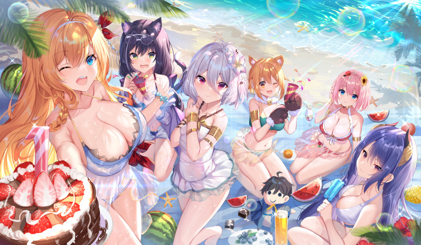 animal_ears beach bikini breasts cake catgirl cleavage food gejigejier horns karyl kusano_yui long_hair natsume_kokoro pecorine princess_connect! short_hair swimsuit tagme_(character) water wink