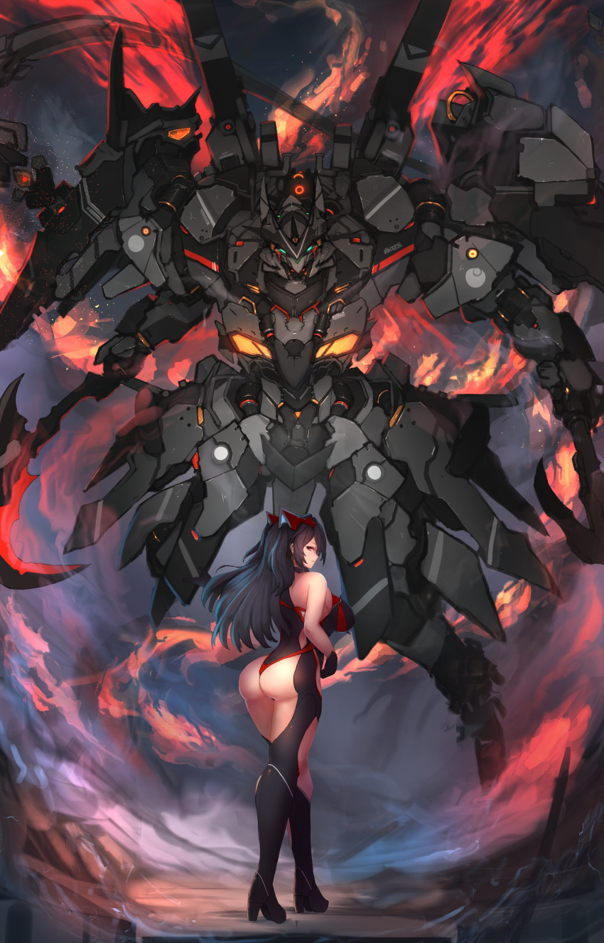 absurdres ass bare_shoulders black_footwear black_gloves black_hair bodysuit boots breasts choker cloud commission female fire full_body gloves headgear high_heel_boots high_heels highres large_breasts long_hair looking_at_viewer looking_back mecha original partial_bodysuit robot scythe sidelocks smile smoke solo syaha two_side_up