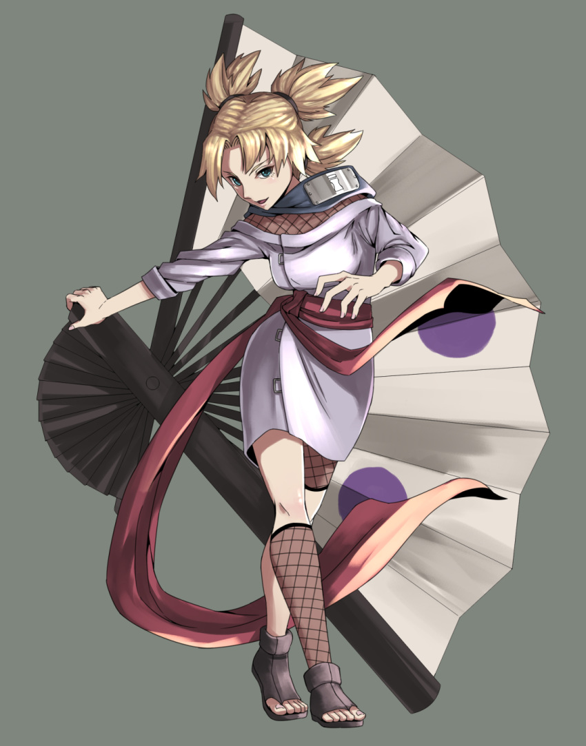 blonde_hair blush commentary_request esu_(sh_k504) female fishnets forehead_protector green_eyes hand_fan highres kneehighs naruto naruto_(series) paper_fan short_twintails smile socks solo temari_(naruto) twintails