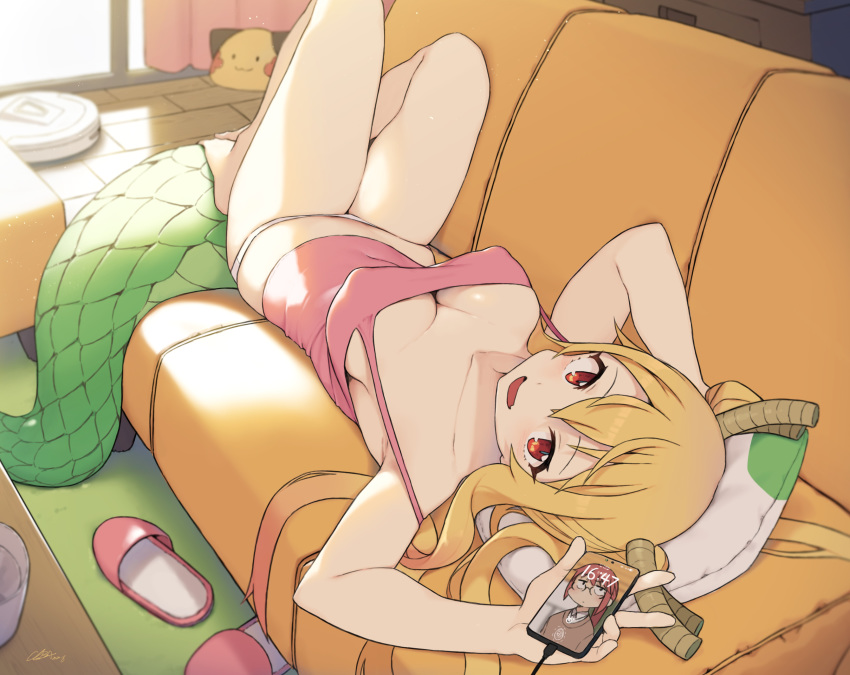 arm_up armpits bare_arms bare_legs bare_shoulders barefoot blonde_girl_(cloba) blonde_hair blush breasts cable camisole can cellphone charging_device cleavage cloba collarbone commentary_request couch covered_nipples cushion downblouse dragon_girl dragon_horns dragon_tail female from_above full_body highres holding holding_phone horns indoors knees_up kobayashi-san_chi_no_maidragon kobayashi_(maidragon) large_breasts large_tail legs_folded long_hair looking_at_viewer lying navel no_bra no_pants oerba_yun_fang on_back on_couch open_mouth orange_eyes panties phone pillow pink_shirt robotic_vacuum_cleaner scales shirt sitting slippers slit_pupils smartphone smile solo spaghetti_strap tail thighs tohru_(maidragon) twintails underwear underwear_only unworn_slippers upside-down