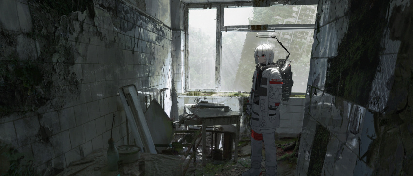 absurdres asteroid_ill coat expressionless feet_out_of_frame female gloves hair_between_eyes halo highres indoors long_sleeves mechanical_halo observer_(asteroid_ill) open_clothes open_coat original red_eyes ruins solo standing white_coat white_hair