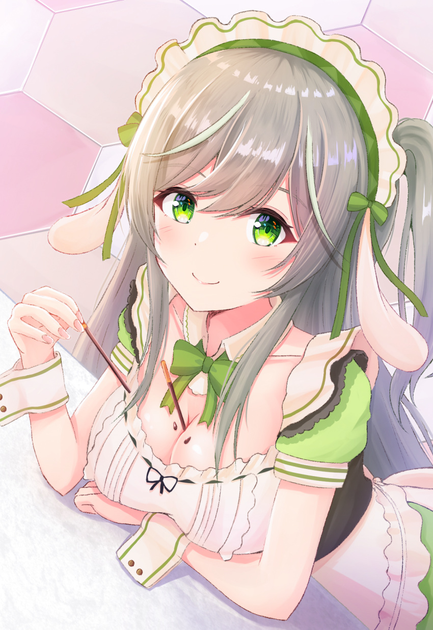 apron bow breasts female food green_hair grey_hair highres hikkyou large_breasts long_hair maid maid_apron maid_headdress masquerade_channel multicolored_hair pocky pocky_day smile streaked_hair tokonatsu_aimi virtual_youtuber