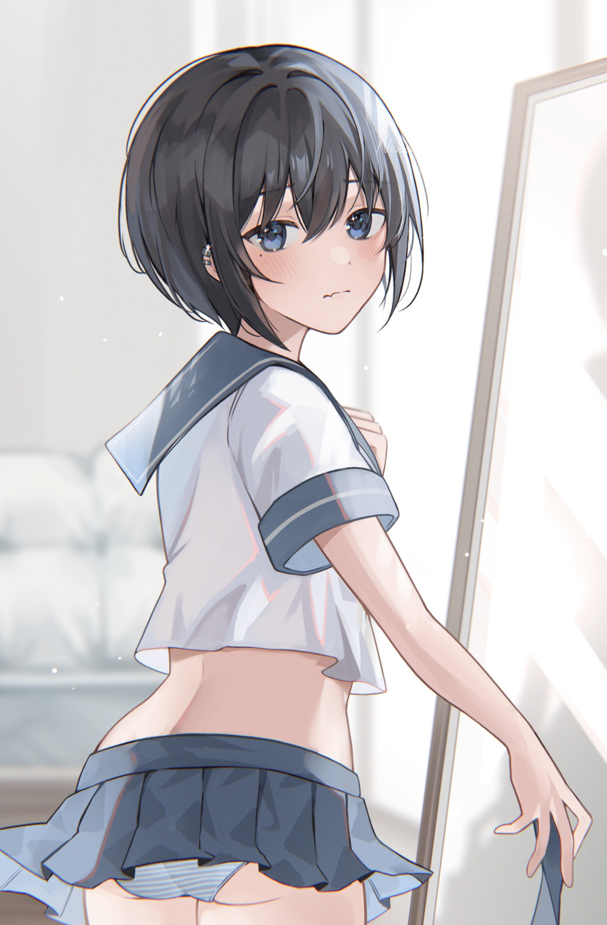 1boy absurdres ass black_hair blue_eyes blush closed_mouth crossdressing highres mole mole_under_eye nerua otoko_no_ko panties sailor_collar school_uniform serafuku short_hair skirt striped striped_panties underwear