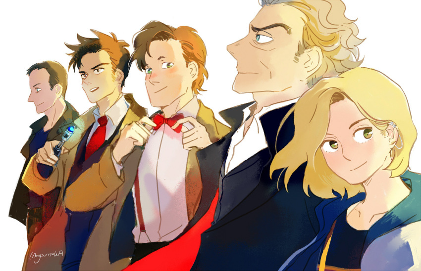 4boys black_hair blonde_hair blue_eyes bow bowtie brown_eyes brown_hair coat commentary_request doctor_who eleventh_doctor_(doctor_who) female green_eyes highres hood hoodie jacket looking_at_viewer md5_mismatch mogamoka multiple_boys necktie ninth_doctor_(doctor_who) shirt smile tenth_doctor_(doctor_who) the_doctor thirteenth_doctor_(doctor_who) twelfth_doctor_(doctor_who) white_hair