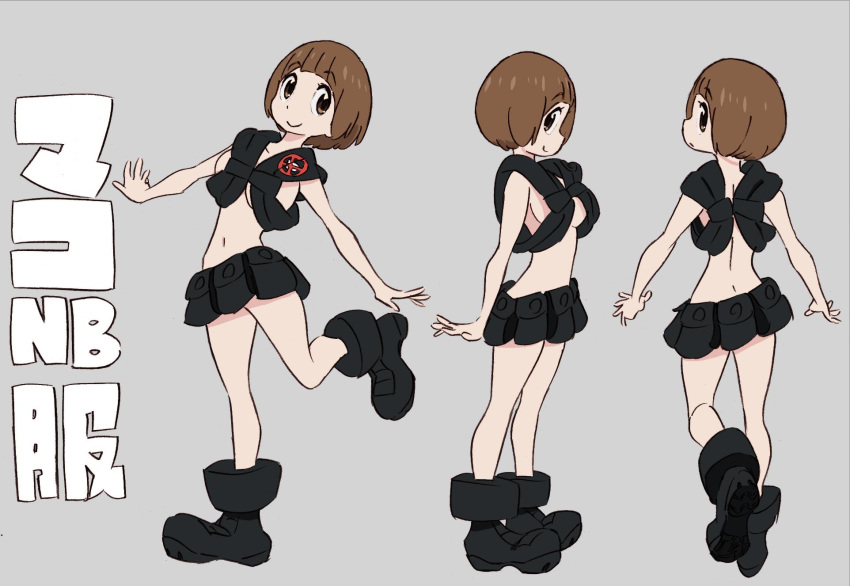 belt black_footwear bob_cut brown_eyes brown_hair chest_harness closed_mouth commentary emblem female from_behind from_side grey_background harness highres kill_la_kill leaning_to_the_side leg_up looking_back mankanshoku_mako multiple_views nudist_beach_uniform revealing_clothes shoes short_hair simple_background smile standing standing_on_one_leg sushio tactical_clothes translation_request uniform utility_belt walking