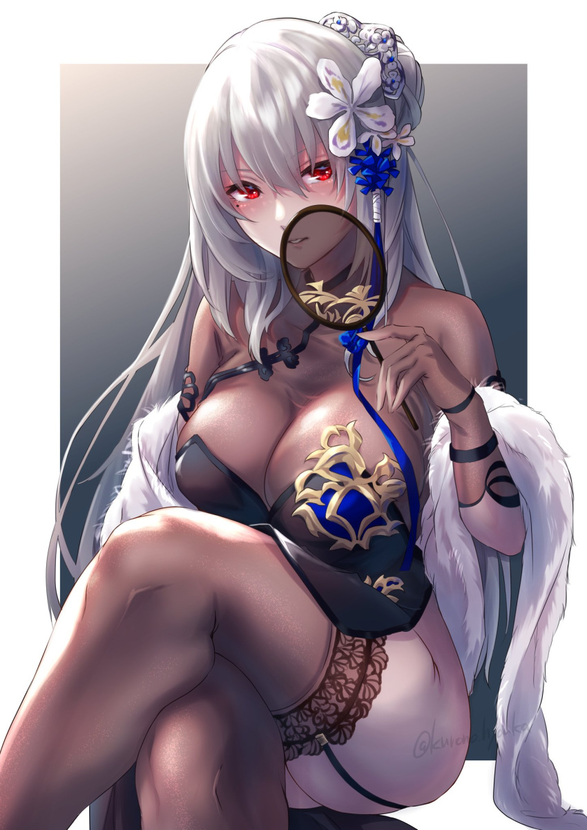 azur_lane black_thighhighs breasts china_dress chinese_clothes cleavage commentary_request crossed_legs dress feather_boa female flower garter_straps gloves grey_hair hair_flower hair_ornament hand_fan highres holding holding_fan kurono_hyouka large_breasts long_hair mole mole_under_eye official_alternate_costume red_eyes saint-louis_(alluring_administrator)_(azur_lane) saint-louis_(azur_lane) see-through see-through_cleavage solo thighhighs tuanshan