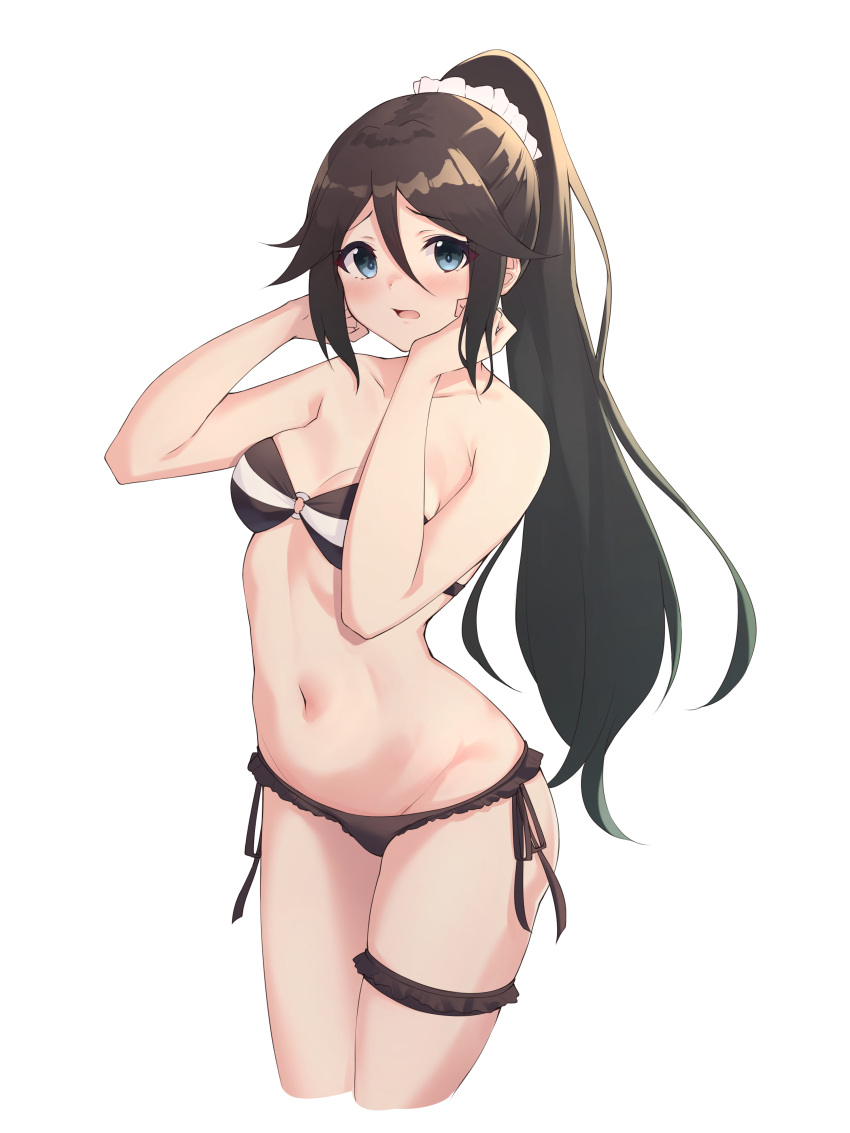 absurdres bare_arms bare_shoulders bikini black_bikini black_hair blue_eyes breasts collarbone commentary cowboy_shot cropped_legs female groin hair_between_eyes hair_ornament hair_scrunchie hands_up highres izumi_reina korean_commentary long_hair looking_at_viewer musaigen_no_phantom_world navel ponytail scrunchie side-tie_bikini_bottom sidelocks simple_background small_breasts solo stomach strapless strapless_bikini swimsuit thigh_strap thighs very_long_hair white_background ziro_(zirorong)