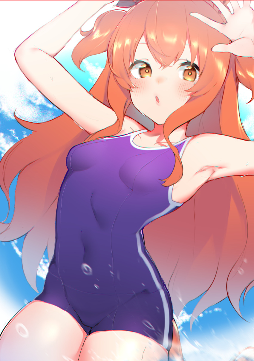 :o animal_ears armpits arms_up bare_arms bare_shoulders black_ribbon blue_one-piece_swimsuit blue_sky blush breasts brown_eyes cloud collarbone commentary competition_school_swimsuit covered_navel cowboy_shot day ear_ribbon female hair_between_eyes highres horse_ears horse_girl horse_tail long_hair looking_at_viewer mayano_top_gun_(umamusume) motion_blur one-piece_swimsuit orange_hair outdoors parted_lips ribbon school_swimsuit sidelocks single_vertical_stripe sky small_breasts solo standing swimsuit tail tail_through_clothes teriibol thighs tracen_swimsuit two_side_up umamusume very_long_hair water_drop wet