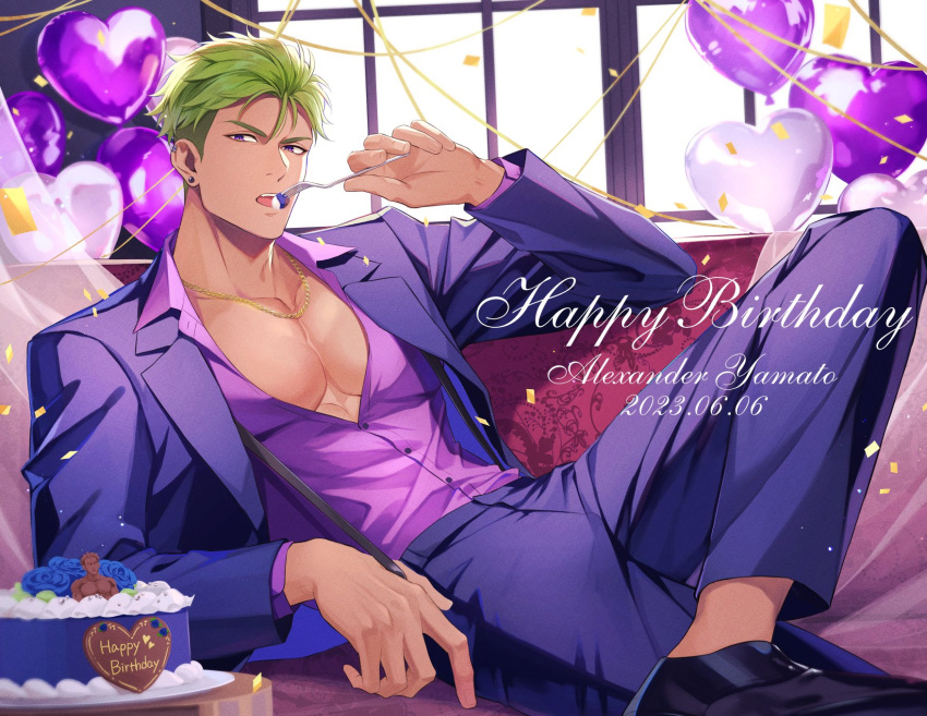 1boy 70_tabmk balloon bara birthday_cake cake character_name collared_shirt dark-skinned_male dark_skin food green_hair happy_birthday heart_balloon highres indoors jacket king_of_prism king_of_prism_by_prettyrhythm large_pectorals male_focus muscular muscular_male open_clothes open_jacket pants pectorals pink_shirt pretty_rhythm pretty_series purple_jacket purple_pants shirt short_hair solo yamato_alexander