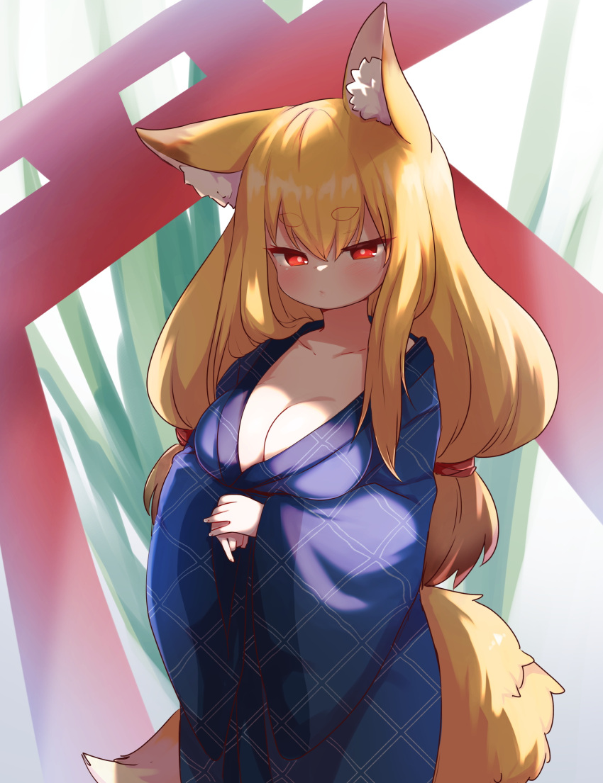 absurdres animal_ear_fluff animal_ears babalilo blonde_hair blue_kimono blush breasts brown_eyes cleavage female fox_ears fox_girl fox_tail highres japanese_clothes kimono large_breasts long_hair low_twintails original outdoors own_hands_together solo tail torii twintails