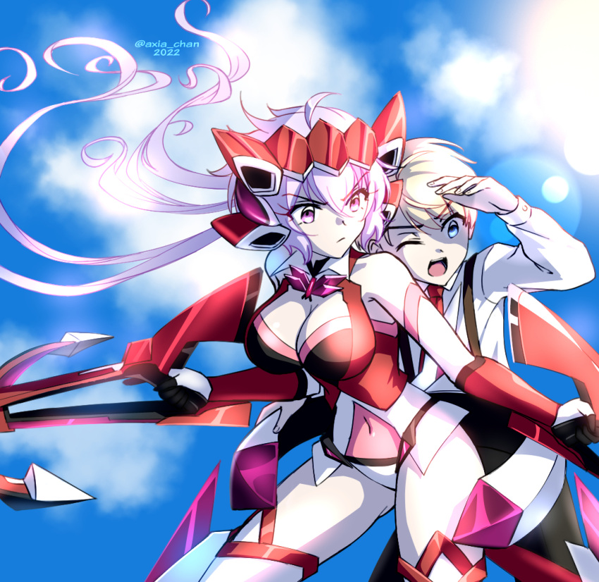 1boy axia-chan bare_shoulders blonde_hair blue_eyes bodysuit breasts cleavage closed_mouth crossbow female grey_hair headgear headphones holding holding_crossbow holding_weapon large_breasts leopold_(symphogear) long_hair long_sleeves one_eye_closed purple_eyes red_bodysuit senki_zesshou_symphogear senki_zesshou_symphogear_xd_unlimited shirt short_hair suspenders twintails weapon white_shirt yukine_chris