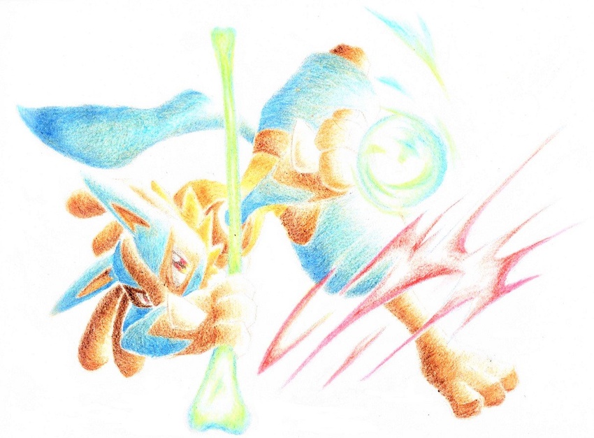 attack aura_sphere_(pokemon) blue_fur bone colored_pencil_(medium) furry hyouga_(letter_bee) lucario pokemon pokemon_(creature) pokemon_dppt pokemon_move red_eyes simple_background solo spikes traditional_media white_background