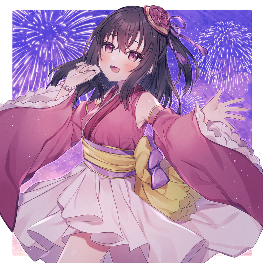 :d aerial_fireworks black_hair blush bracelet commentary_request female fireworks flower fujiwara_hajime hair_between_eyes highres idolmaster idolmaster_cinderella_girls japanese_clothes jewelry kimono long_hair long_sleeves looking_at_viewer minamiya_mia obi one_side_up pearl_bracelet pink_kimono pink_sleeves pleated_skirt red_eyes red_flower red_rose rose sash skirt sleeveless sleeveless_kimono sleeves_past_wrists smile solo white_skirt wide_sleeves