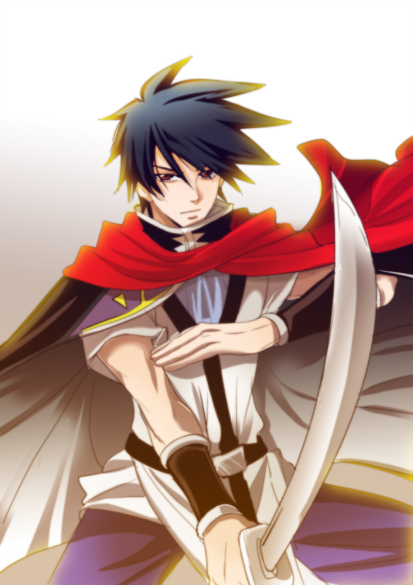 1boy beet_the_vandel_buster belt black_hair bracer brown_eyes cape gradient_background hand_up highres holding holding_sword holding_weapon kaorukan looking_at_viewer male_focus red_cape short_hair simple_background solo spiked_hair sword weapon zenon_(beet_the_vandel_buster)