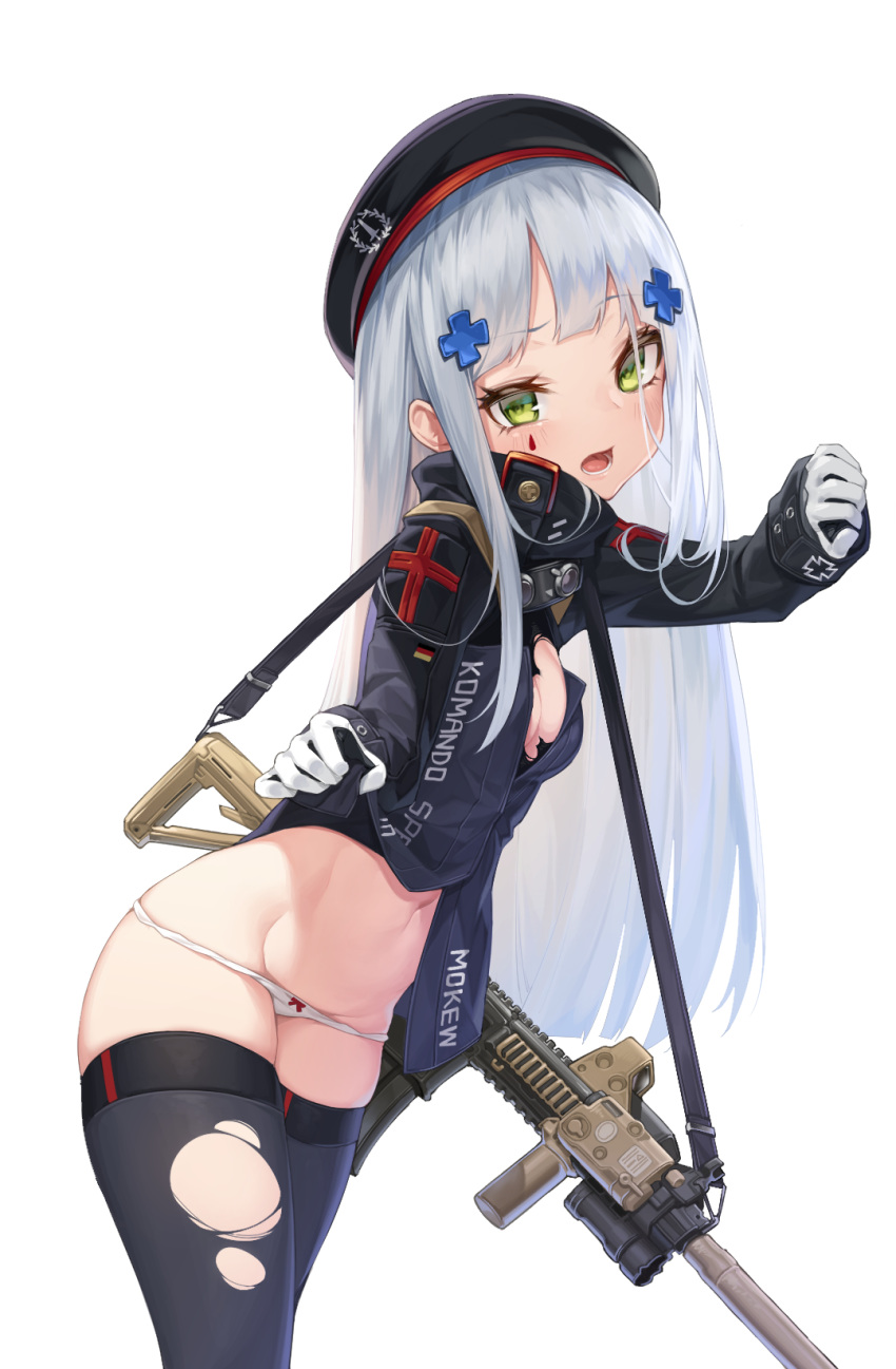 assault_rifle beret black_thighhighs blunt_bangs bow bow_panties breasts cleavage commentary embarrassed female from_side girls'_frontline gloves green_eyes gun h&k_hk416 hat high_collar highres hk416_(girls'_frontline) jacket long_hair long_sleeves looking_at_viewer mokew no_pants open_mouth panties rifle simple_background small_breasts solo standing straight_hair tattoo thighhighs torn_clothes torn_thighhighs underwear weapon white_background white_gloves white_hair white_panties