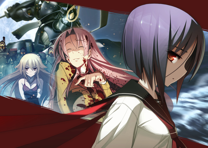 ashikaga_chachamaru ayane_ichijou blood full_metal_daemon_muramasa mecha namaniku_atk ootori_kanae seifuku