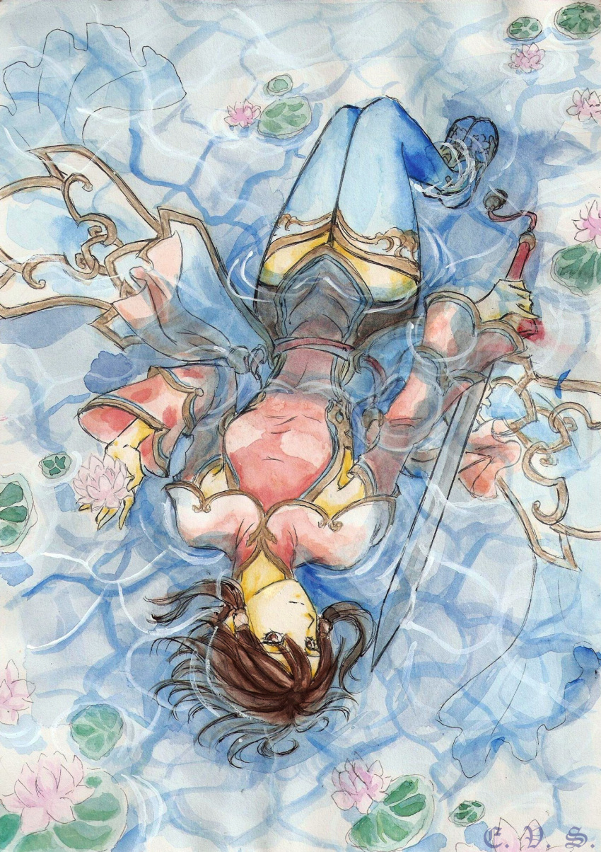 alternate_costume blue_legwear brown_eyes brown_hair chai_xianghua commentary_request emelina_vasquez_solar female flower highres lily_pad looking_at_viewer lying on_back partially_submerged photoshop_(medium) short_hair solo soulcalibur soulcalibur_iv sword traditional_media water weapon